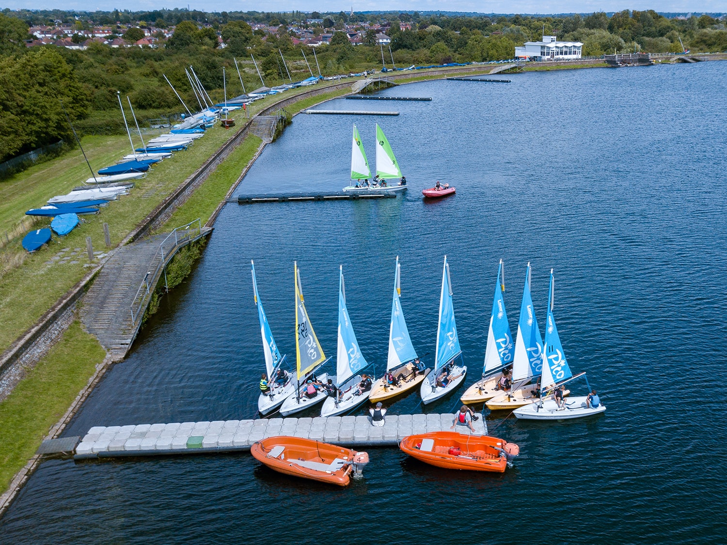 sailing boats on pontoon from drone